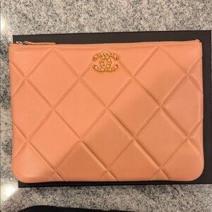 Chanel Peach Quilted Clutch with Gold Logo